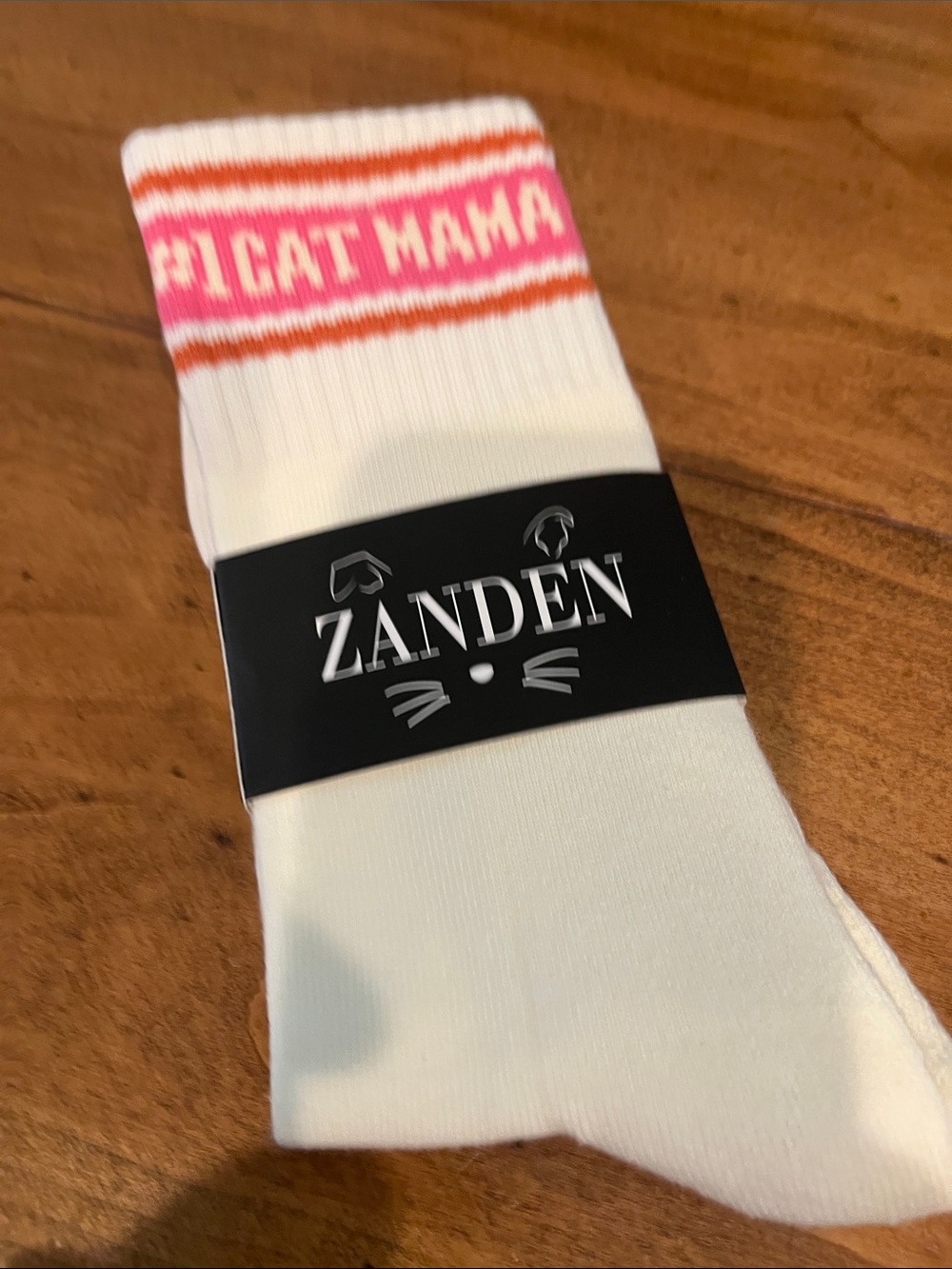 Zanden White Crew Socks with Pink & Orange 'CAT MAMA' Cuff